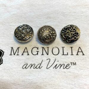 Magnolia and Vine, 3 silver tone original size snaps, new
